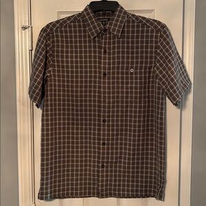 George Short Sleeve Button Down Black & Tan Plaid Shirt